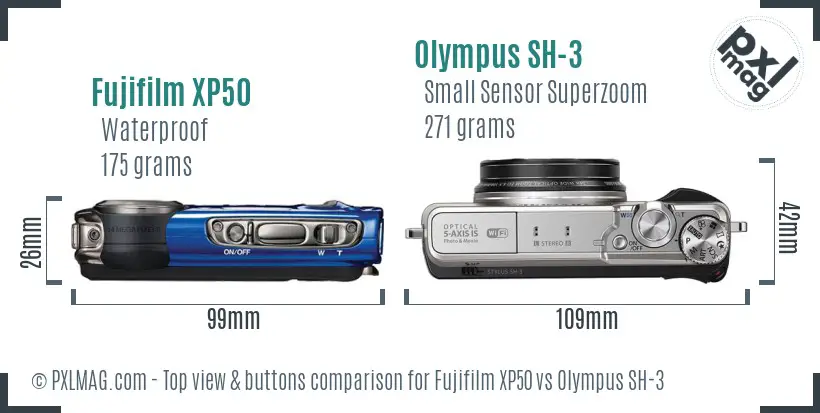 Fujifilm XP50 vs Olympus SH-3 top view buttons comparison