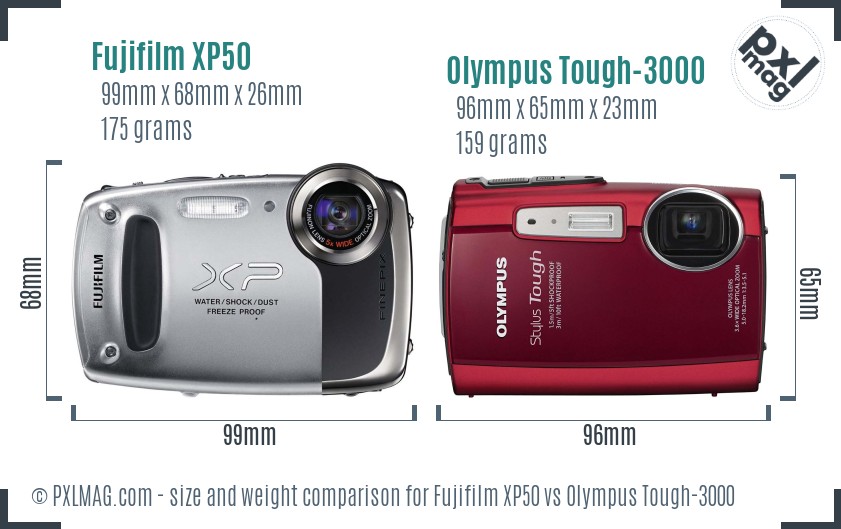 Fujifilm XP50 vs Olympus Tough-3000 size comparison