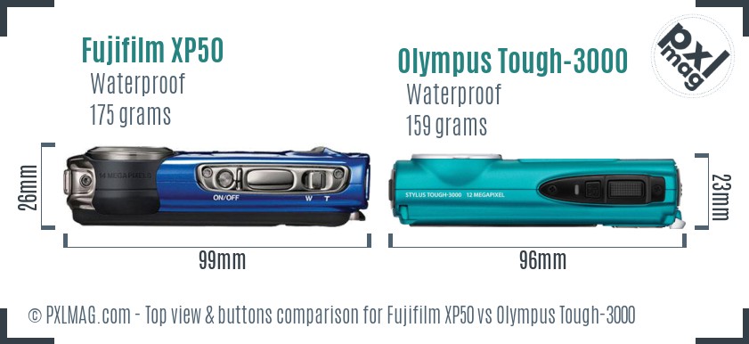 Fujifilm XP50 vs Olympus Tough-3000 top view buttons comparison