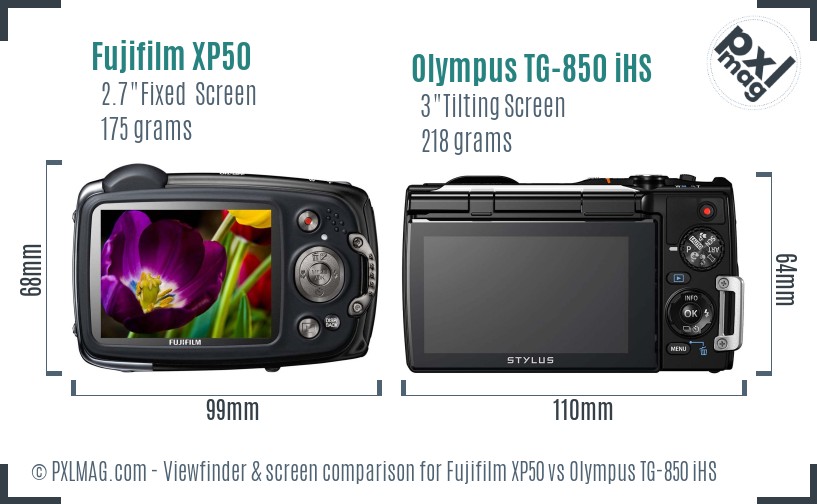 Fujifilm XP50 vs Olympus TG-850 iHS Screen and Viewfinder comparison