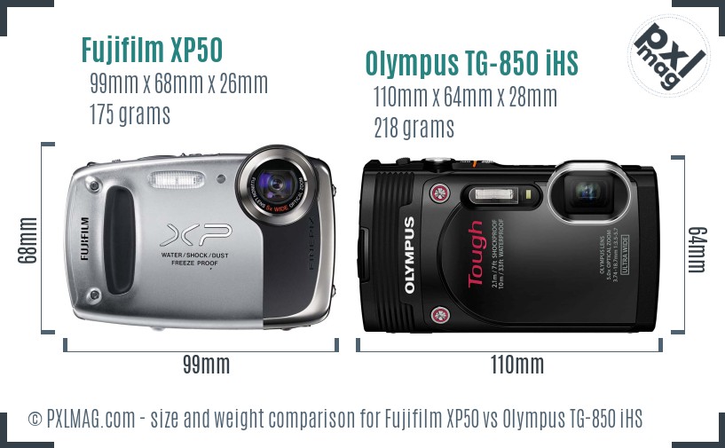 Fujifilm XP50 vs Olympus TG-850 iHS size comparison Fujifilm XP50 vs Olympus TG-850 iHS size comparison