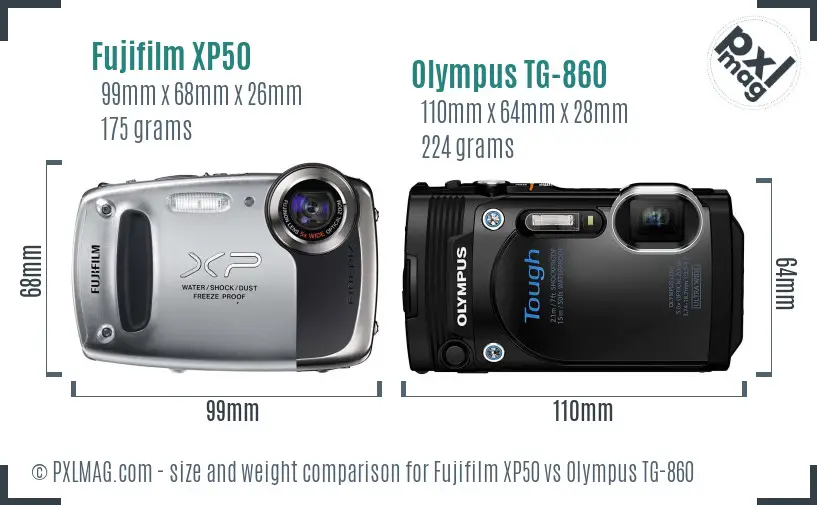 Fujifilm XP50 vs Olympus TG-860 size comparison