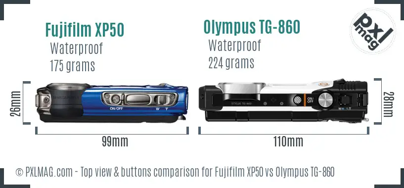 Fujifilm XP50 vs Olympus TG-860 top view buttons comparison