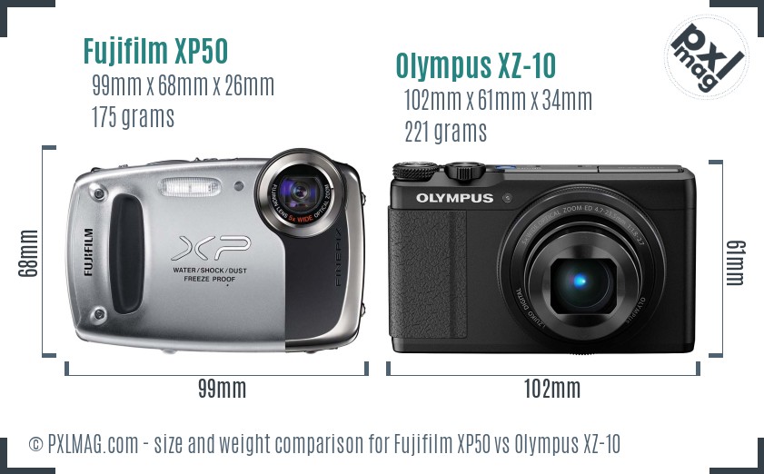 Fujifilm XP50 vs Olympus XZ-10 size comparison