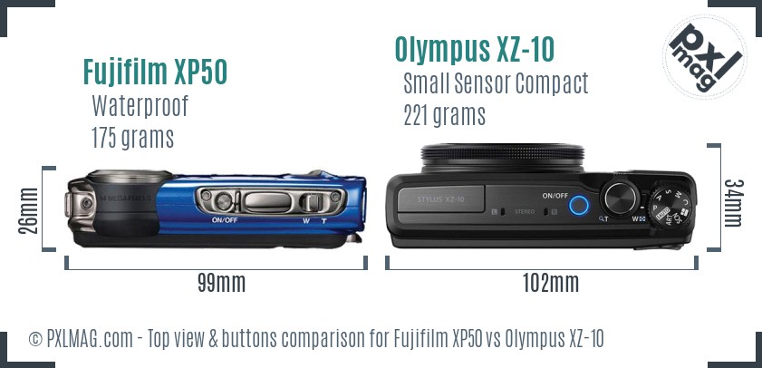 Fujifilm XP50 vs Olympus XZ-10 top view buttons comparison