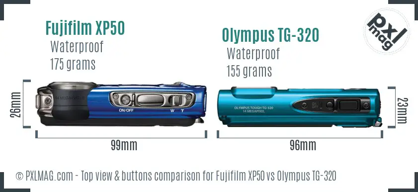 Fujifilm XP50 vs Olympus TG-320 top view buttons comparison