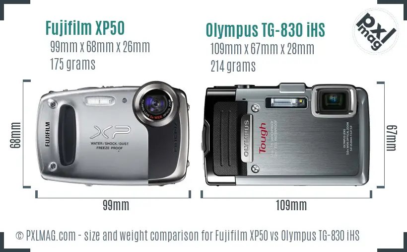 Fujifilm XP50 vs Olympus TG-830 iHS size comparison