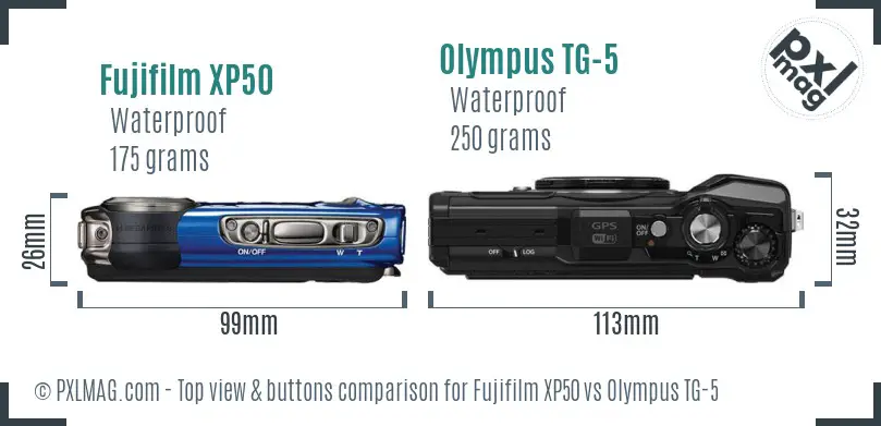 Fujifilm XP50 vs Olympus TG-5 top view buttons comparison