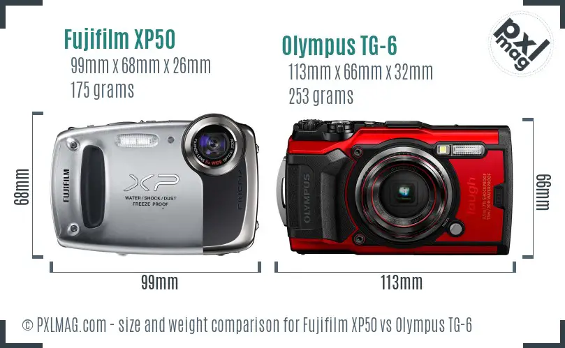Fujifilm XP50 vs Olympus TG-6 size comparison