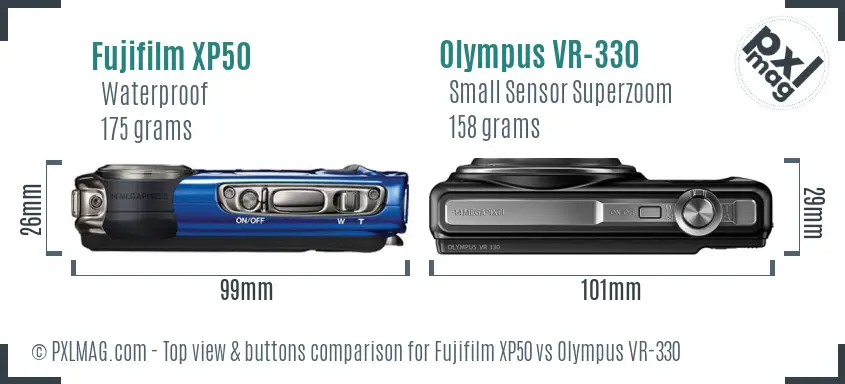 Fujifilm XP50 vs Olympus VR-330 top view buttons comparison