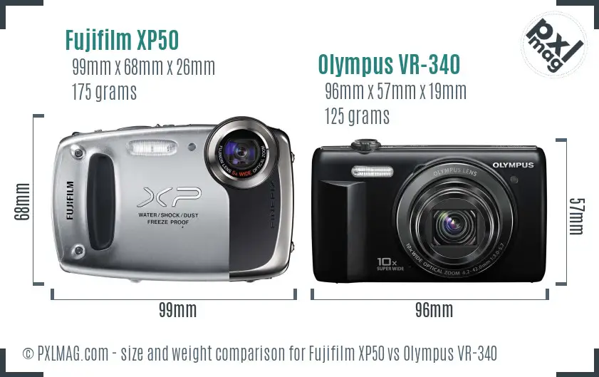 Fujifilm XP50 vs Olympus VR-340 size comparison