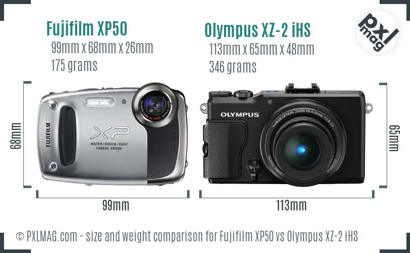 Fujifilm XP50 vs Olympus XZ-2 iHS size comparison Fujifilm XP50 vs Olympus XZ-2 iHS size comparison