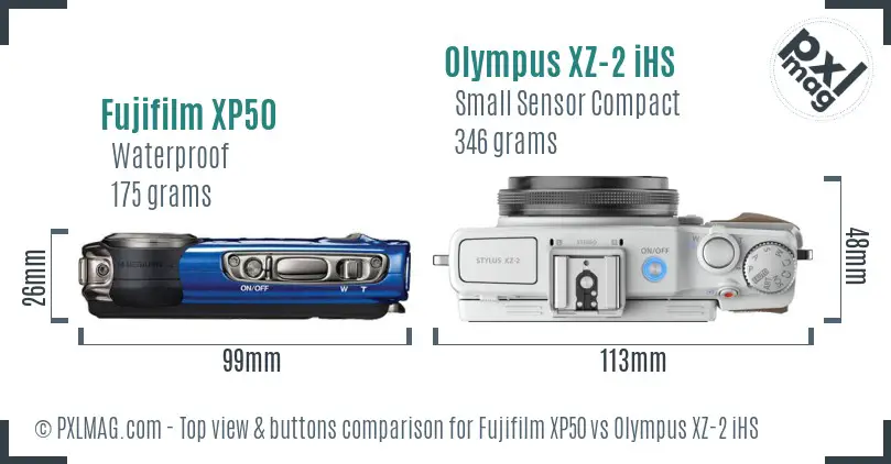 Fujifilm XP50 vs Olympus XZ-2 iHS top view buttons comparison Fujifilm XP50 vs Olympus XZ-2 iHS top view buttons comparison