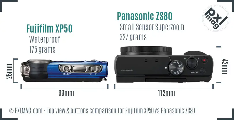 Fujifilm XP50 vs Panasonic ZS80 top view buttons comparison