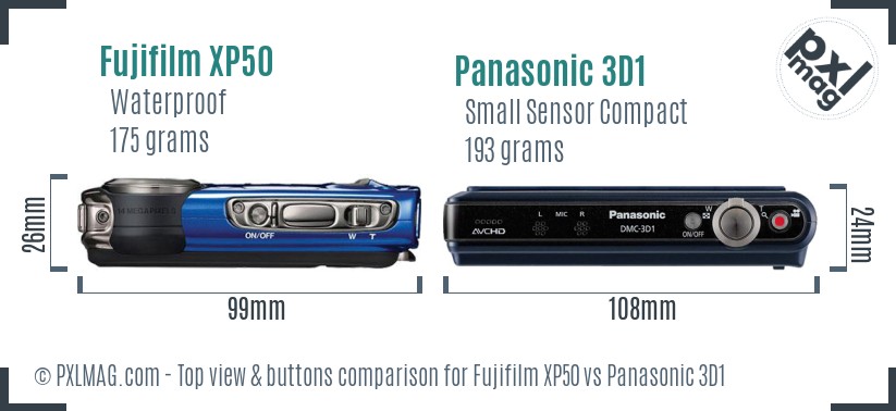 Fujifilm XP50 vs Panasonic 3D1 top view buttons comparison