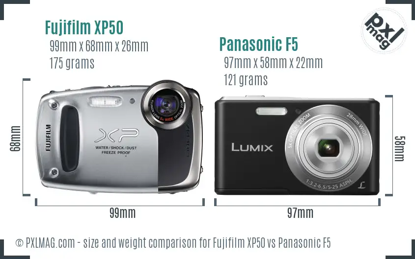 Fujifilm XP50 vs Panasonic F5 size comparison Fujifilm XP50 vs Panasonic F5 size comparison