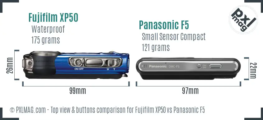 Fujifilm XP50 vs Panasonic F5 top view buttons comparison Fujifilm XP50 vs Panasonic F5 top view buttons comparison