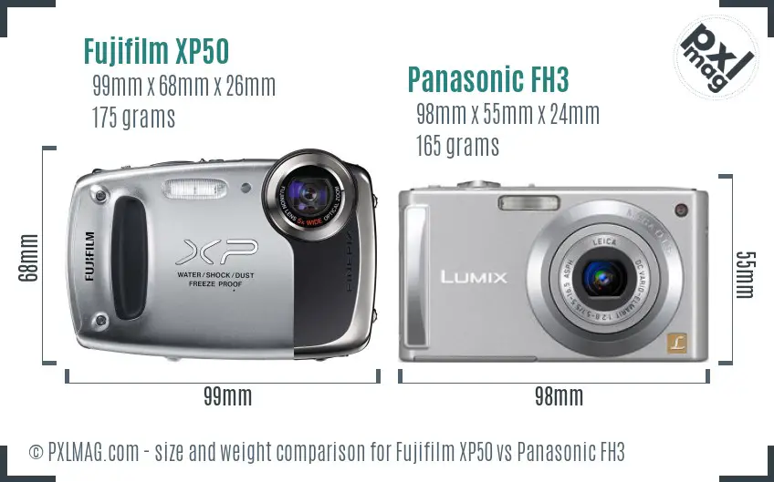 Fujifilm XP50 vs Panasonic FH3 size comparison