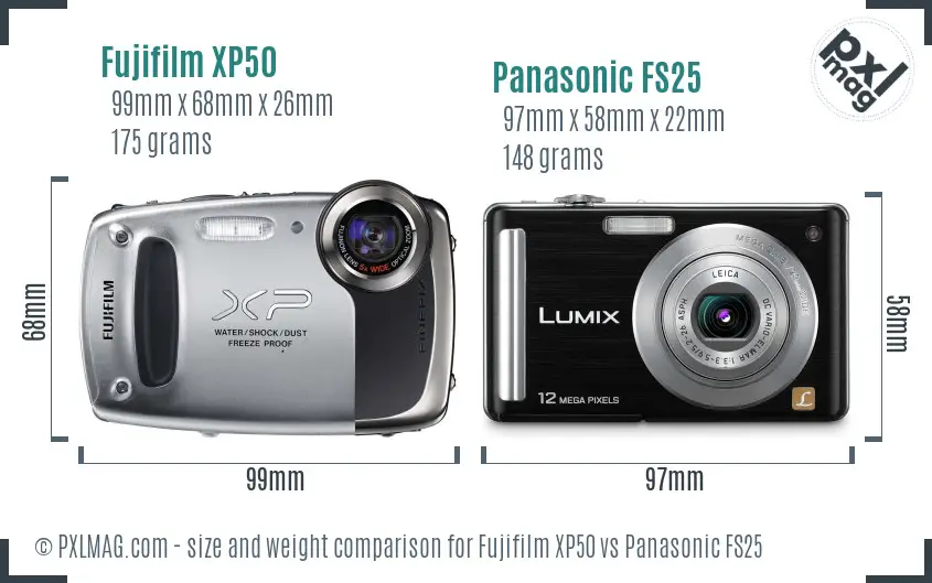Fujifilm XP50 vs Panasonic FS25 size comparison