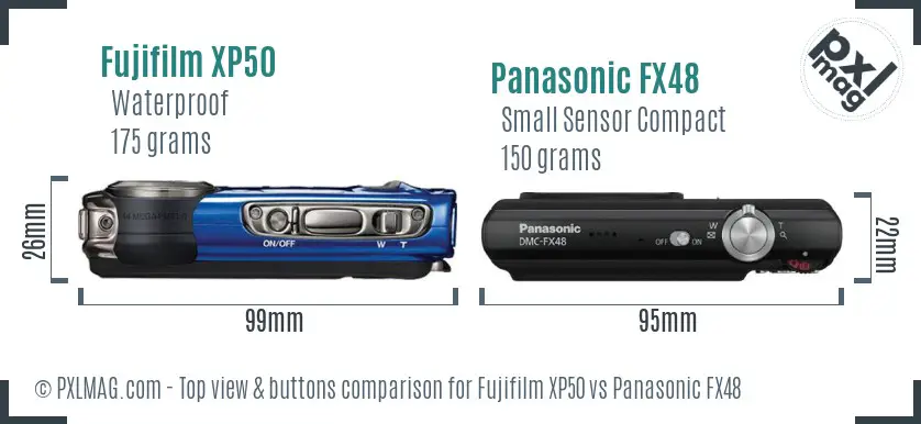 Fujifilm XP50 vs Panasonic FX48 top view buttons comparison