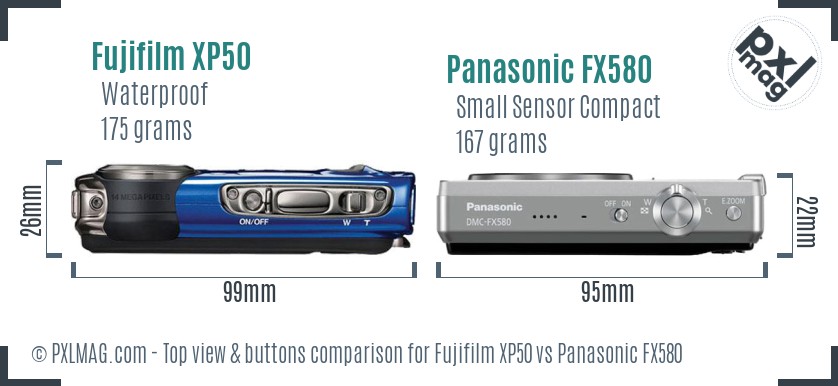 Fujifilm XP50 vs Panasonic FX580 top view buttons comparison