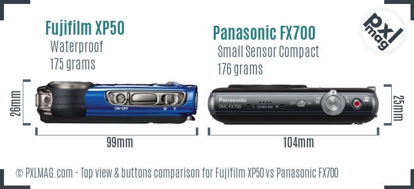 Fujifilm XP50 vs Panasonic FX700 top view buttons comparison