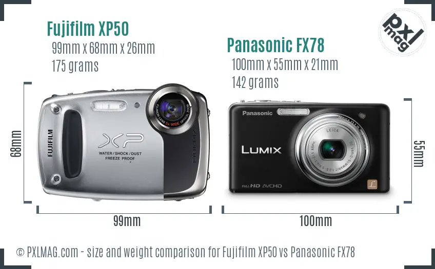 Fujifilm XP50 vs Panasonic FX78 size comparison