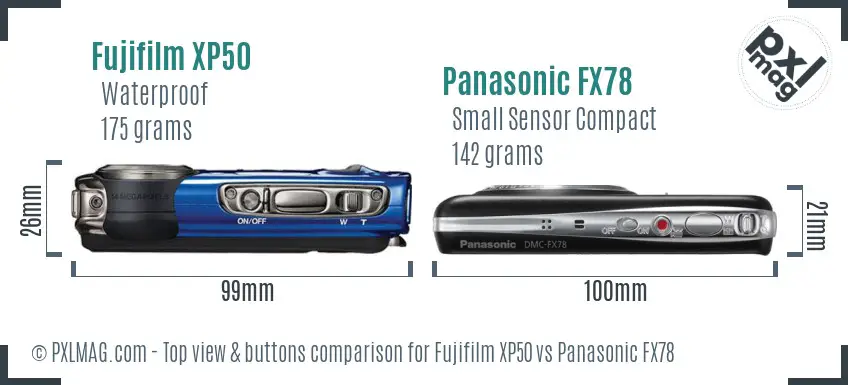 Fujifilm XP50 vs Panasonic FX78 top view buttons comparison