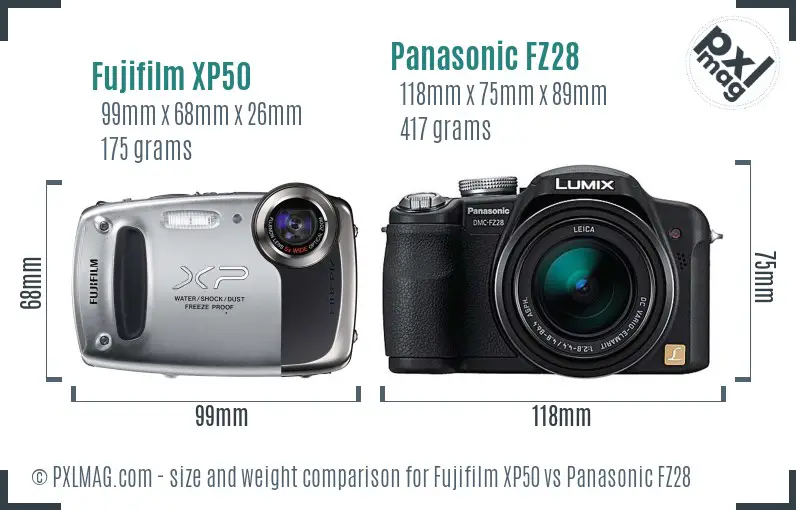 Fujifilm XP50 vs Panasonic FZ28 size comparison