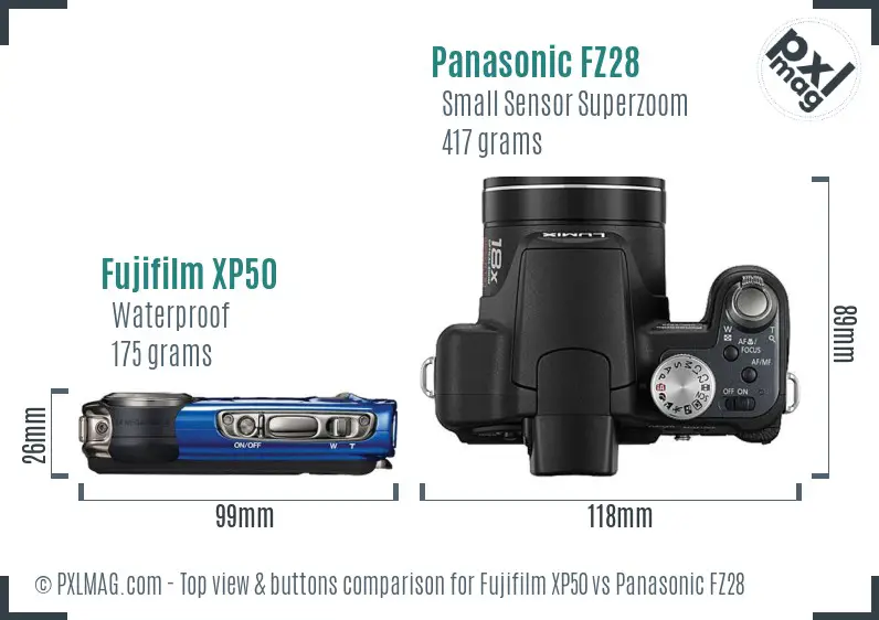 Fujifilm XP50 vs Panasonic FZ28 top view buttons comparison