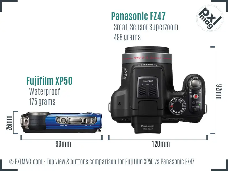 Fujifilm XP50 vs Panasonic FZ47 top view buttons comparison