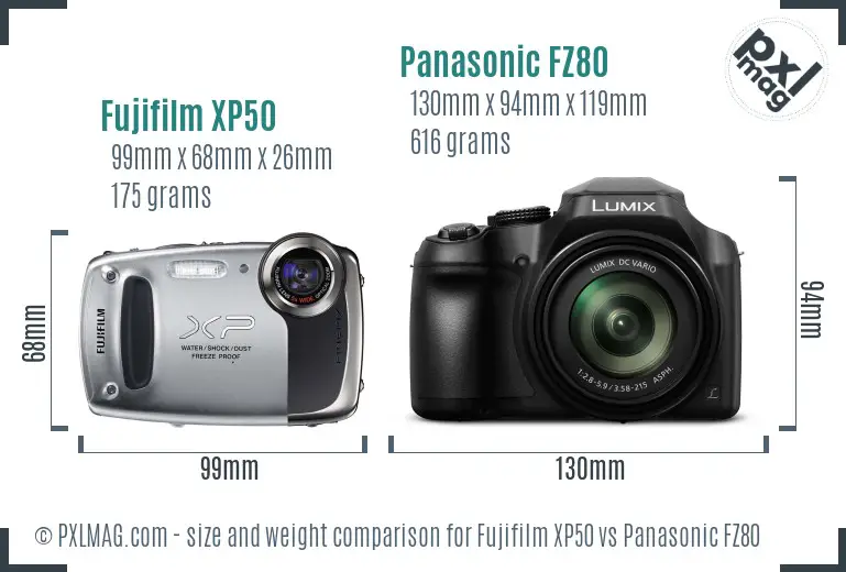 Fujifilm XP50 vs Panasonic FZ80 size comparison