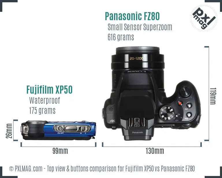 Fujifilm XP50 vs Panasonic FZ80 top view buttons comparison