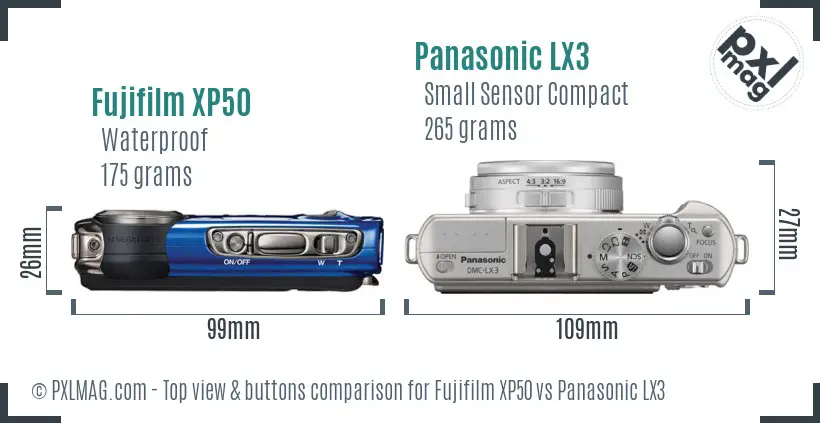 Fujifilm XP50 vs Panasonic LX3 top view buttons comparison