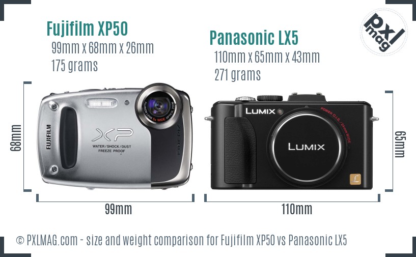 Fujifilm XP50 vs Panasonic LX5 size comparison