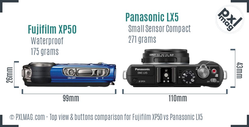 Fujifilm XP50 vs Panasonic LX5 top view buttons comparison