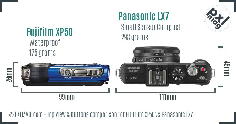 Fujifilm XP50 vs Panasonic LX7 top view buttons comparison