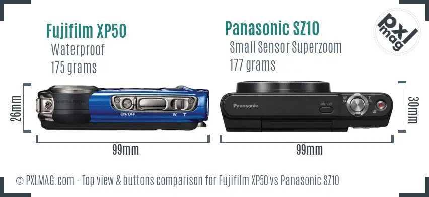 Fujifilm XP50 vs Panasonic SZ10 top view buttons comparison Fujifilm XP50 vs Panasonic SZ10 top view buttons comparison