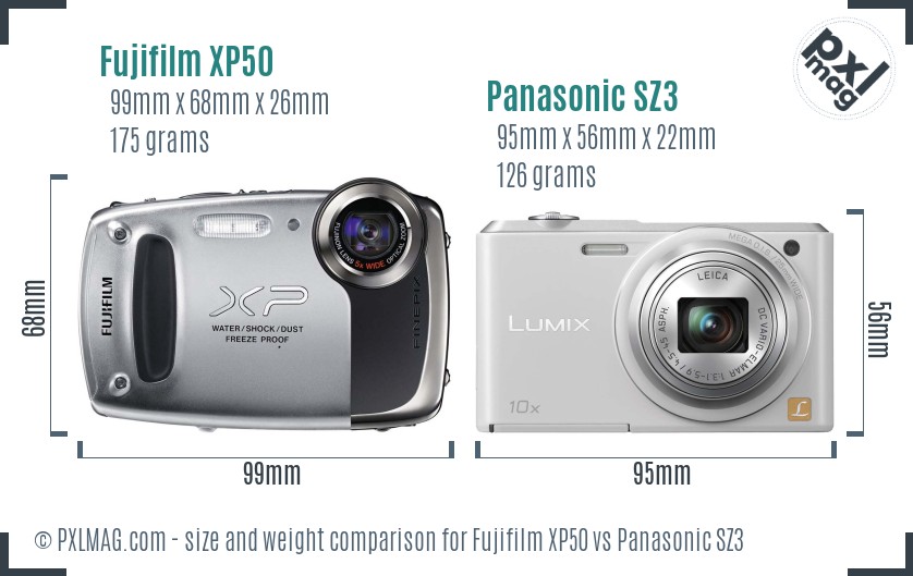 Fujifilm XP50 vs Panasonic SZ3 size comparison