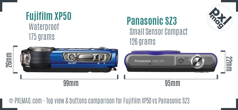 Fujifilm XP50 vs Panasonic SZ3 top view buttons comparison