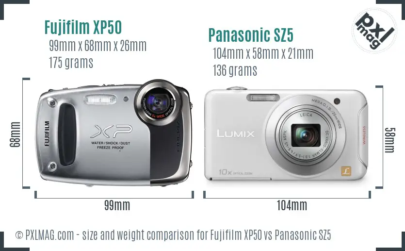 Fujifilm XP50 vs Panasonic SZ5 size comparison