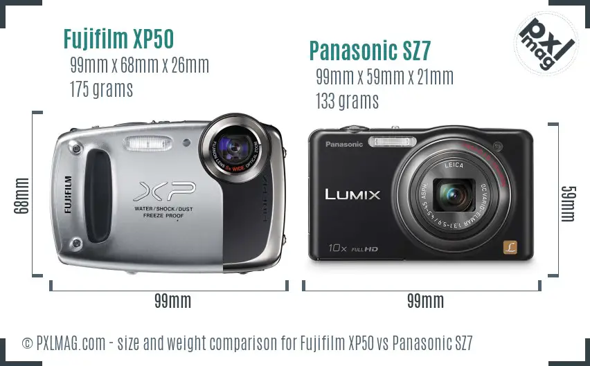 Fujifilm XP50 vs Panasonic SZ7 size comparison