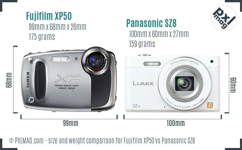 Fujifilm XP50 vs Panasonic SZ8 size comparison