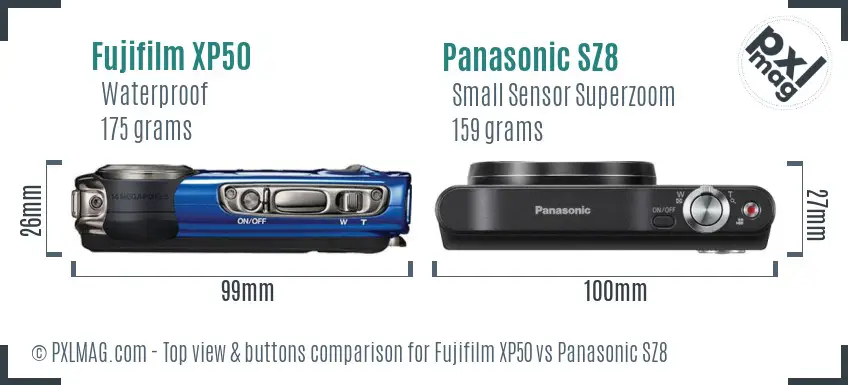 Fujifilm XP50 vs Panasonic SZ8 top view buttons comparison
