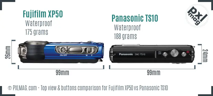 Fujifilm XP50 vs Panasonic TS10 top view buttons comparison