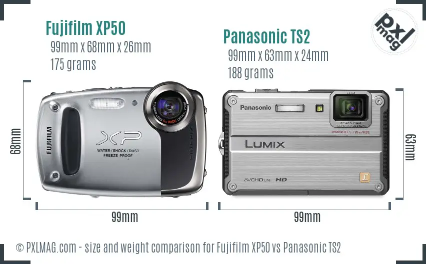 Fujifilm XP50 vs Panasonic TS2 size comparison