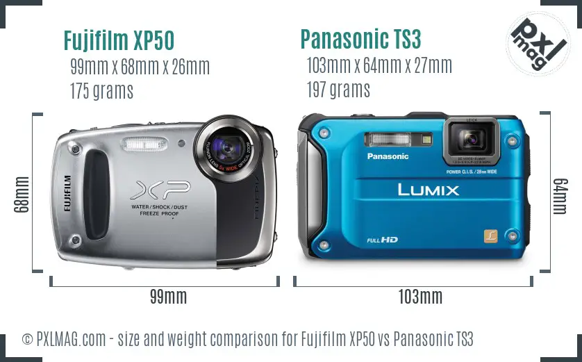 Fujifilm XP50 vs Panasonic TS3 size comparison