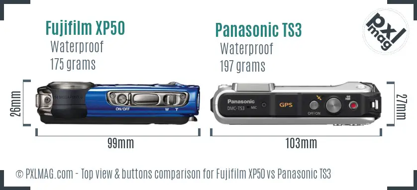 Fujifilm XP50 vs Panasonic TS3 top view buttons comparison