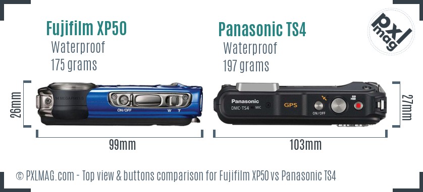Fujifilm XP50 vs Panasonic TS4 top view buttons comparison