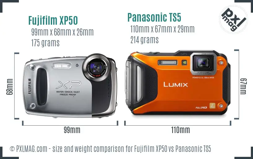 Fujifilm XP50 vs Panasonic TS5 size comparison